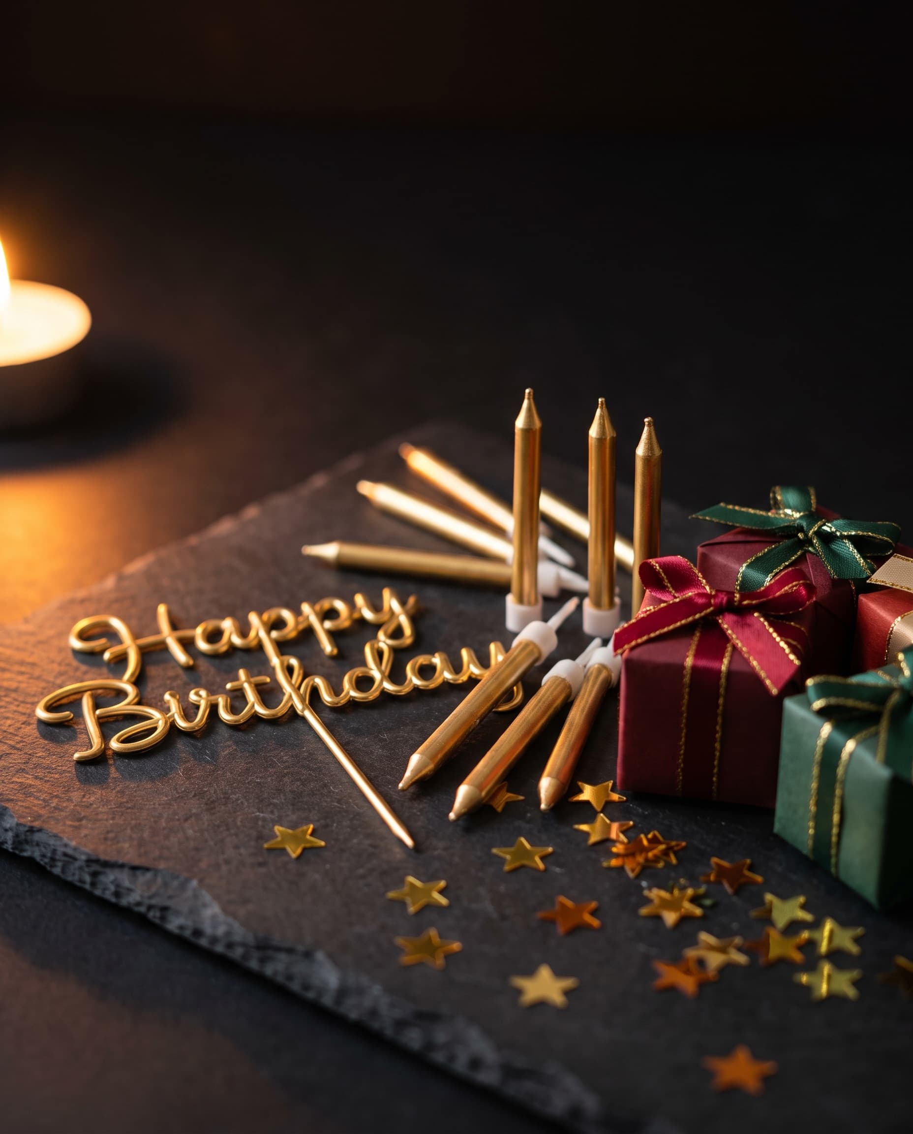 Gold birthday candles, cake topper and gift boxes on a dark surface
