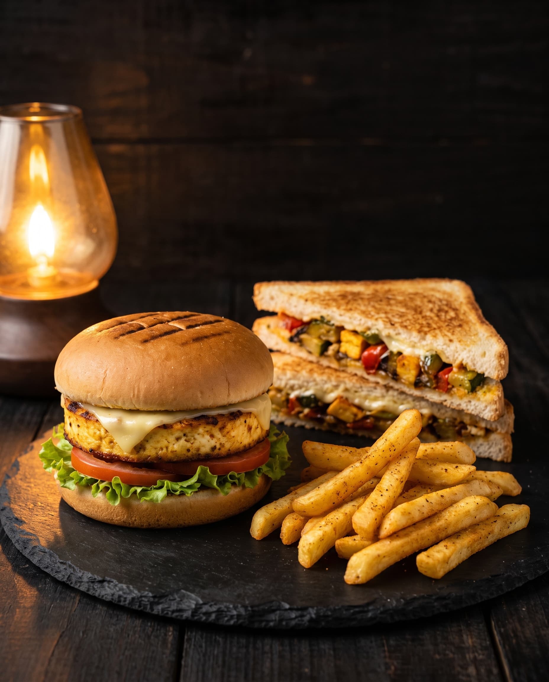 Vegetarian café plates — burger, sandwich, momos and fries