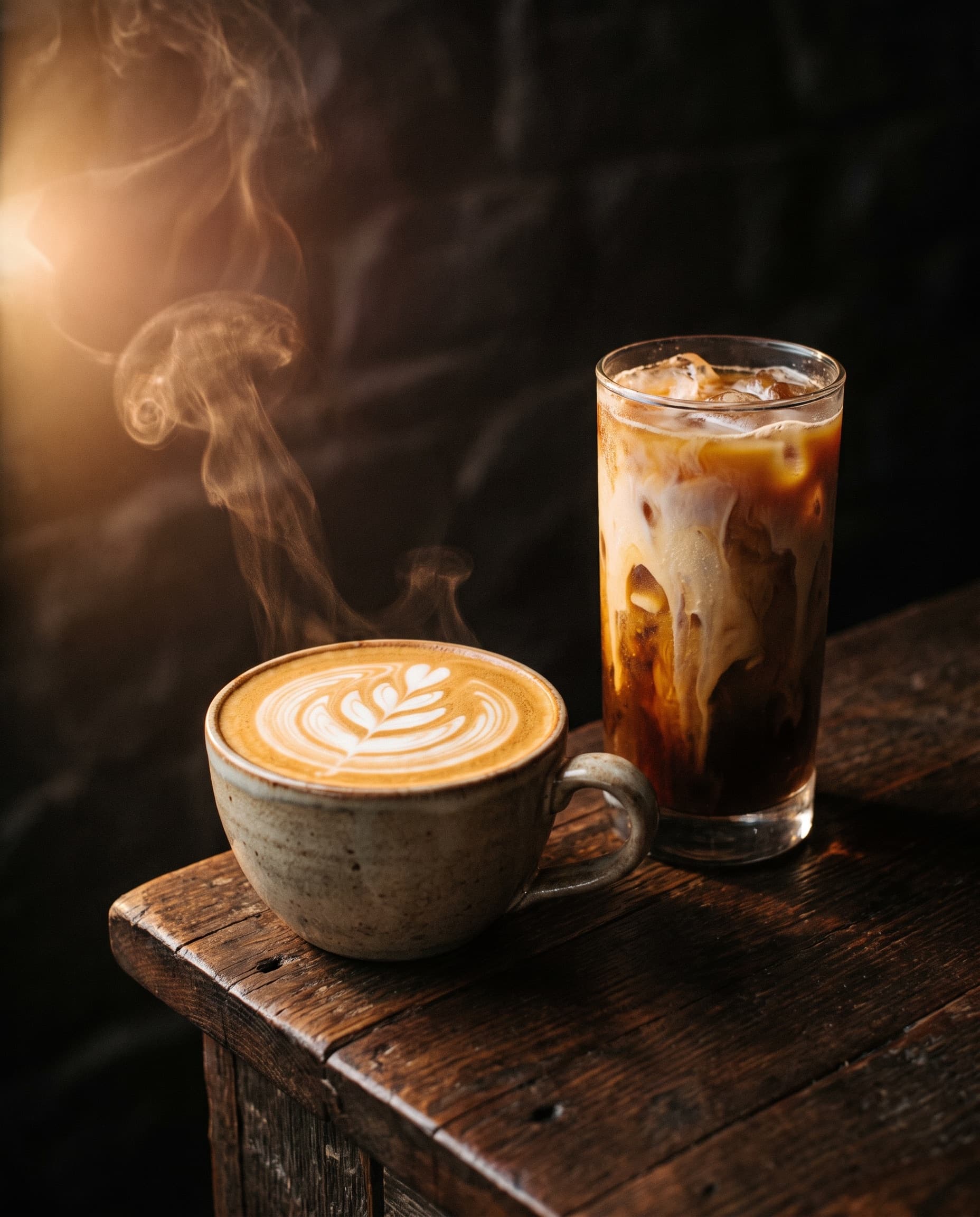 Cappuccino with latte art and an iced coffee on a dark counter