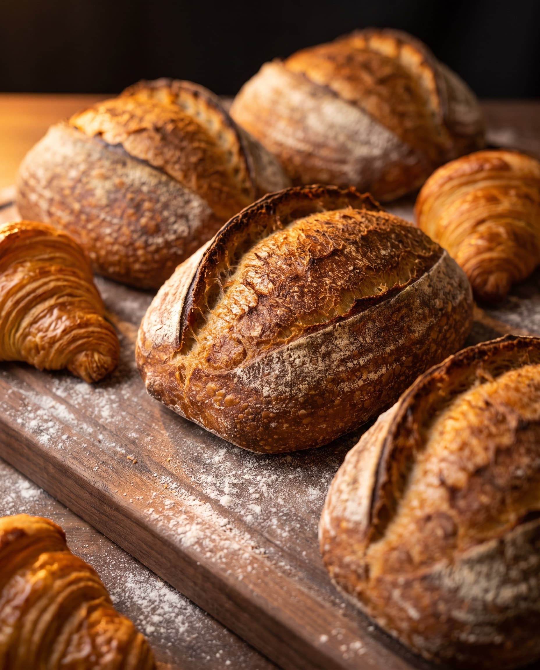 Artisan sourdough loaves and croissants on a dark wooden board