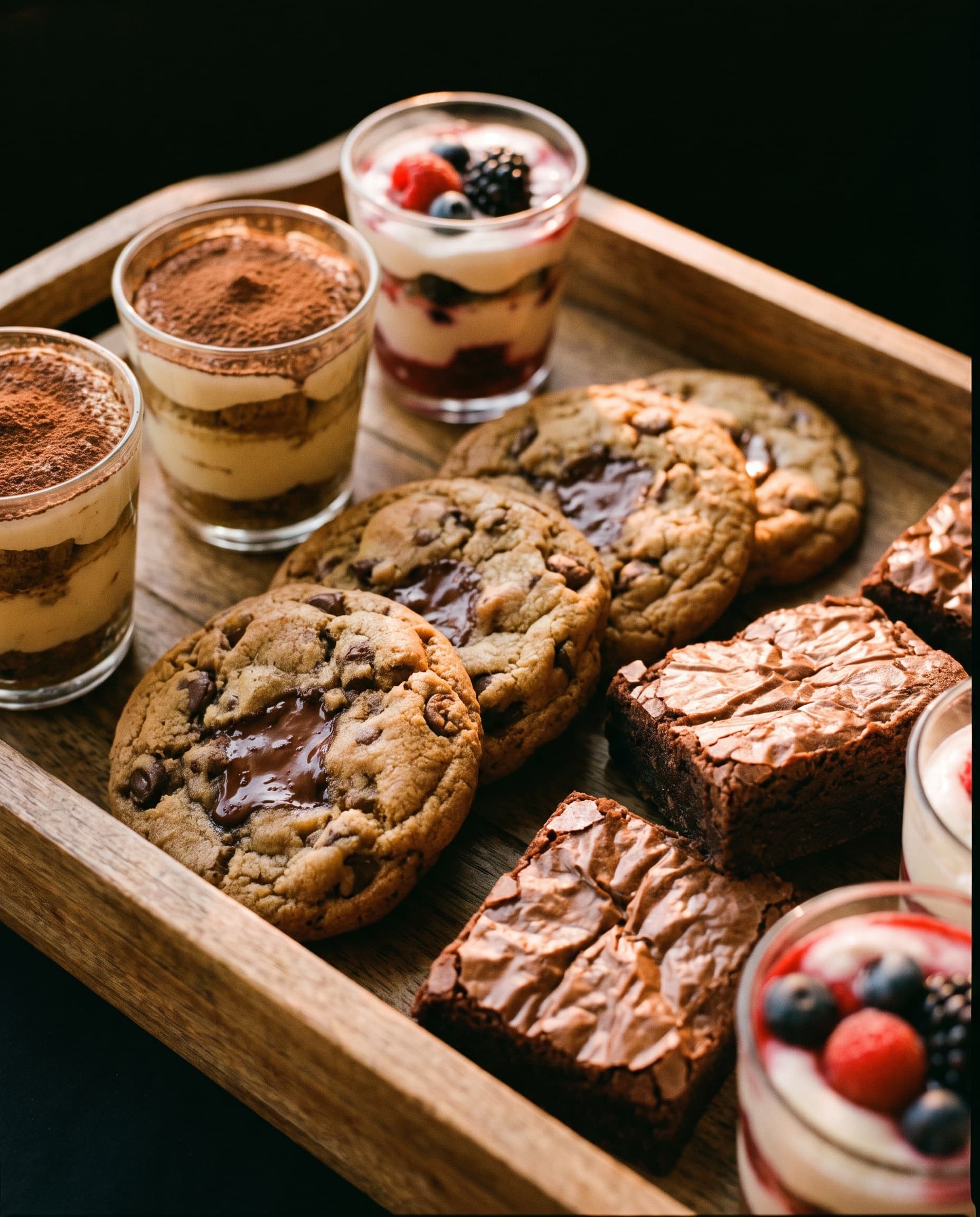 Tray of cookies, brownies and desserts in glass cups