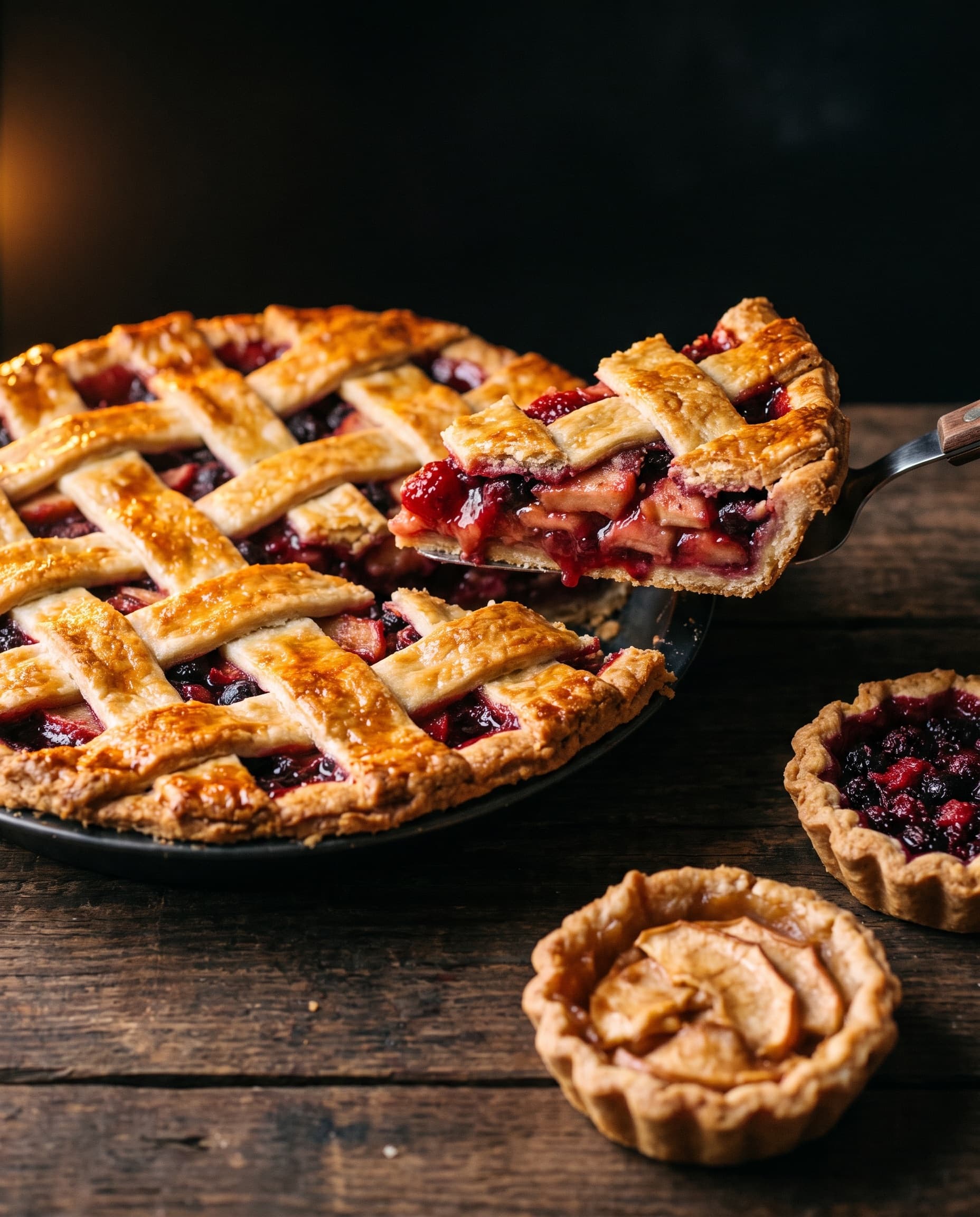 Rustic lattice-top fruit pie with a slice lifted, warm amber light