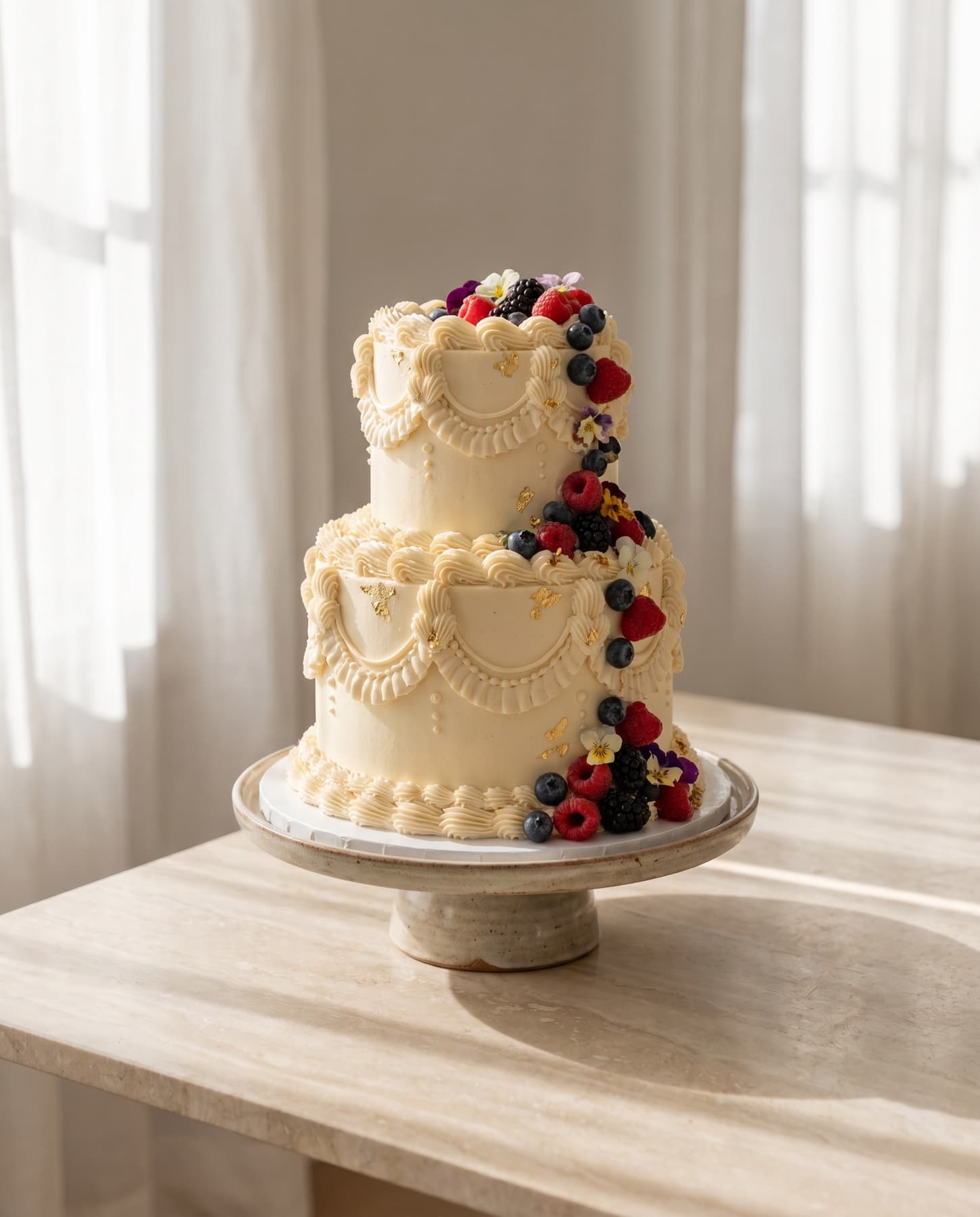 A two-tier vintage-piped celebration cake with fresh berries and edible flowers on a marble table in soft window light