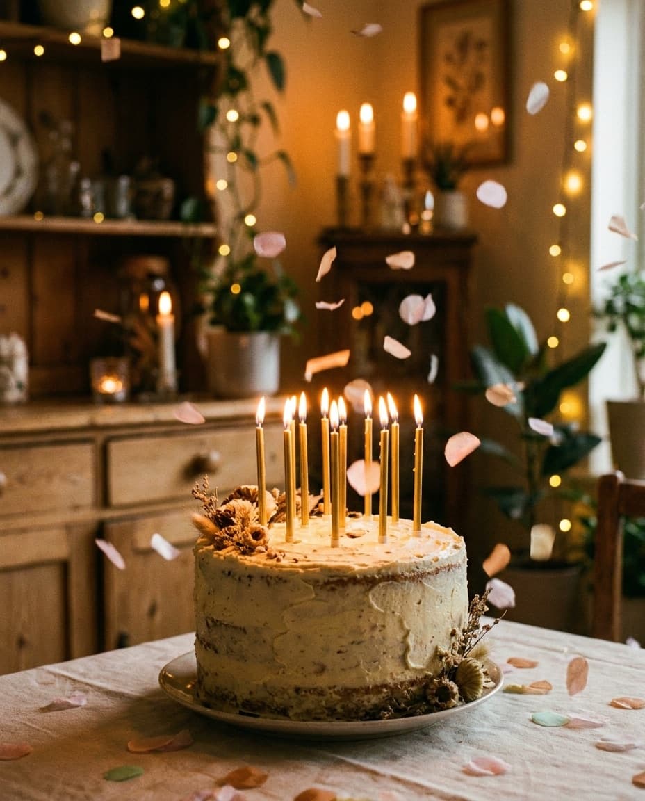 A candle-lit birthday cake with soft confetti in warm amber light