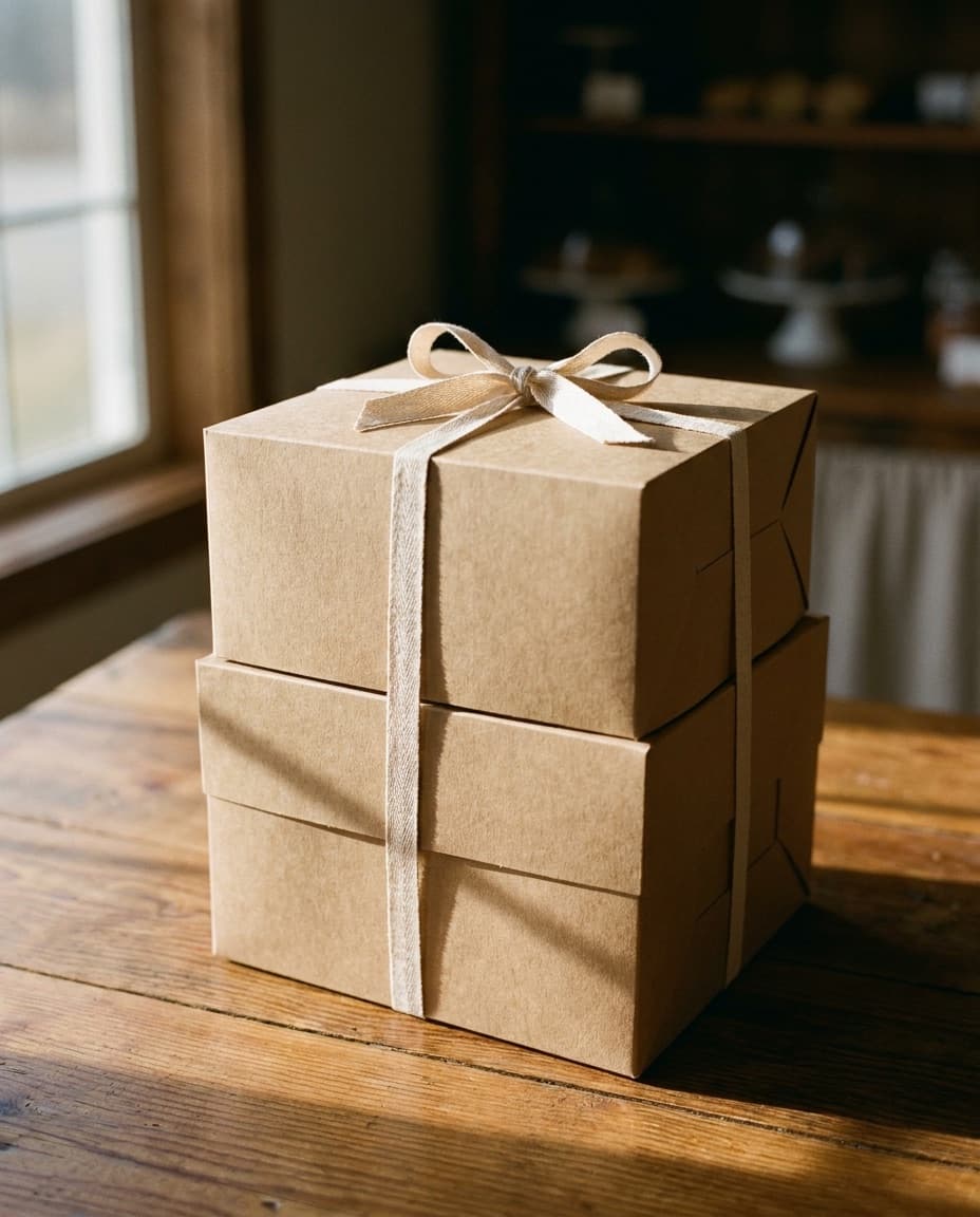 A neat stack of ribbon-tied bakery gift boxes on a warm wooden surface