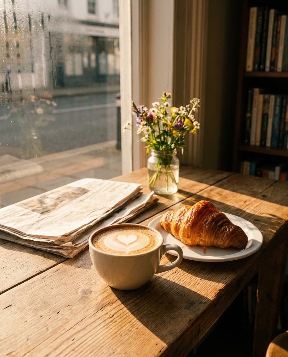 A cappuccino and a fresh butter croissant on a sunlit café table
