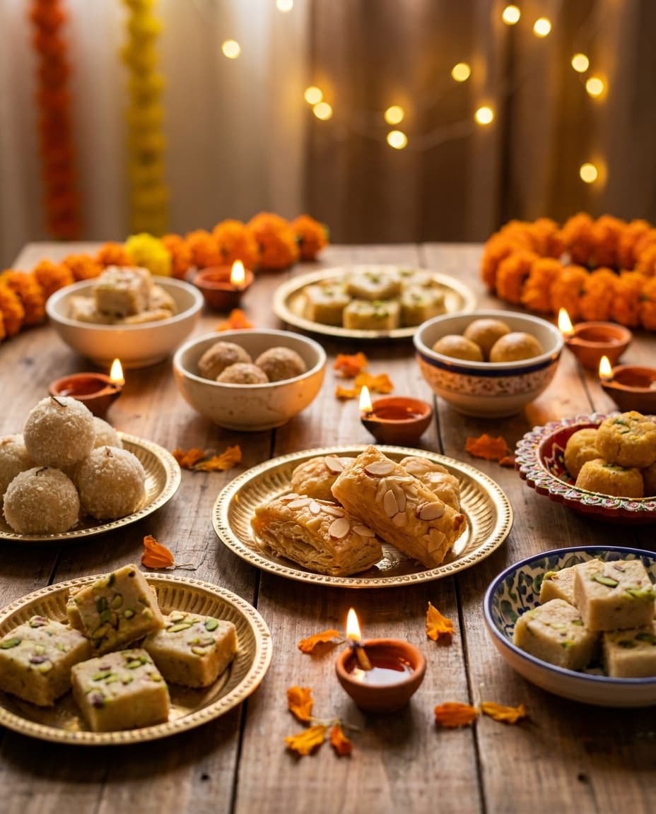 A festive spread of assorted sweets and pastries with glowing diyas and marigolds