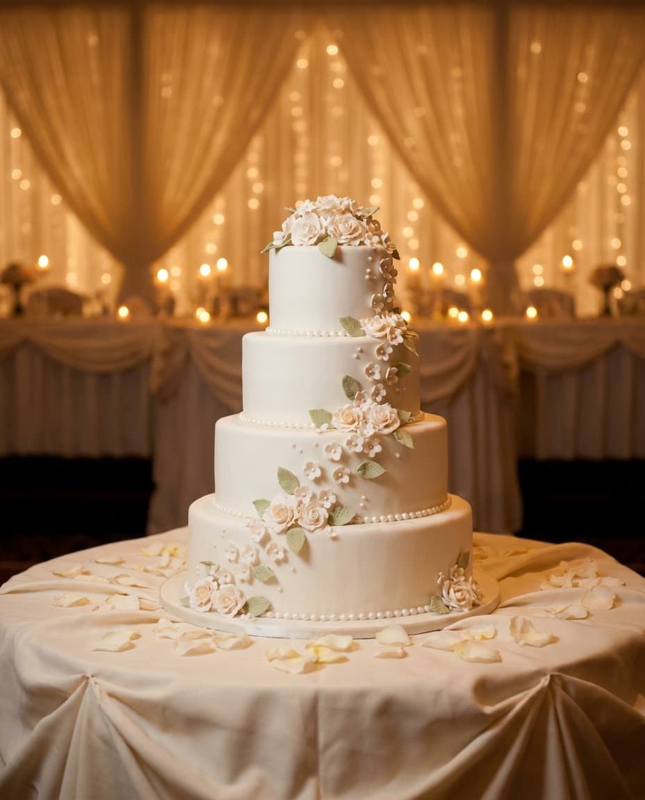 An elegant tiered white wedding cake on a softly draped table