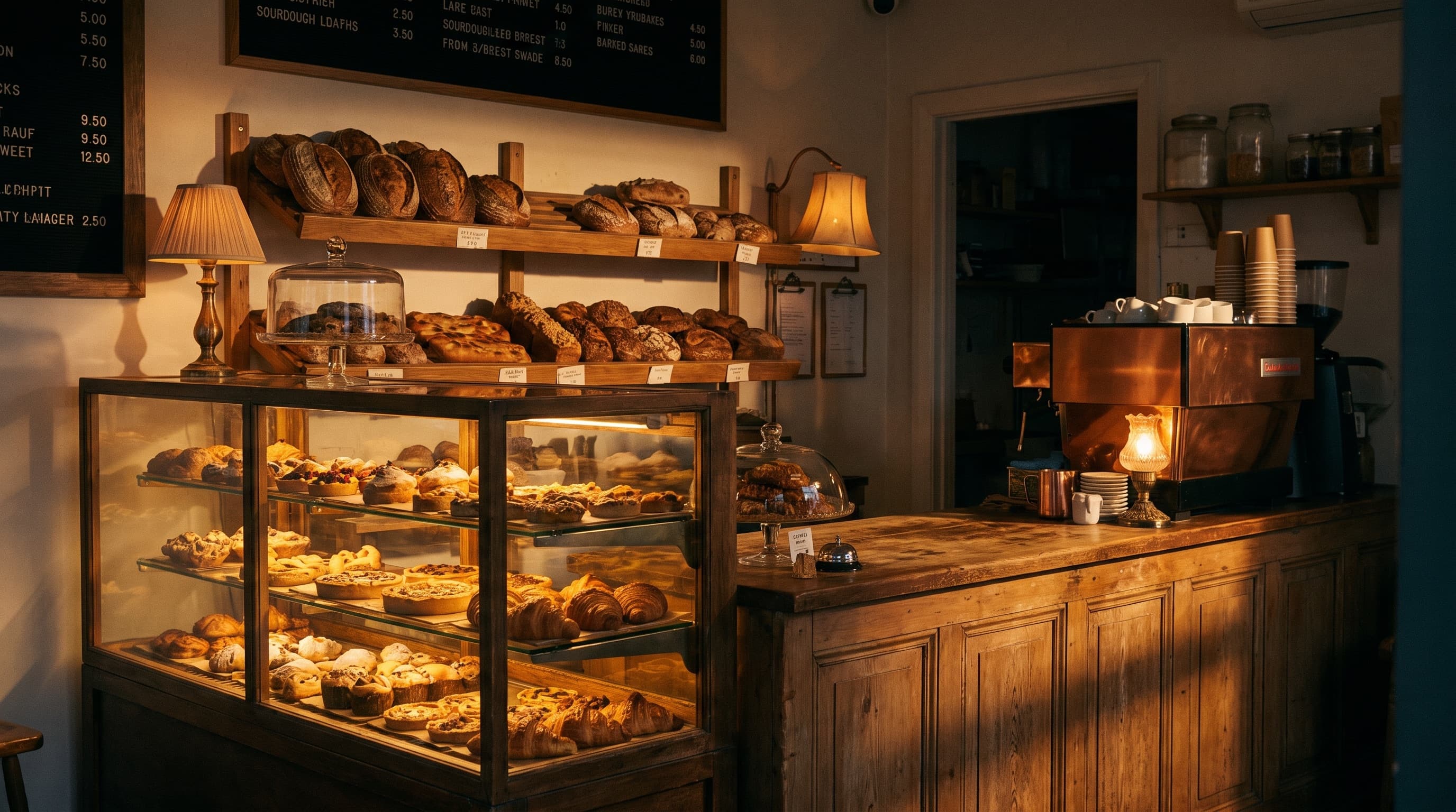 Bakery counter interior at dusk with amber light spilling from the display cases